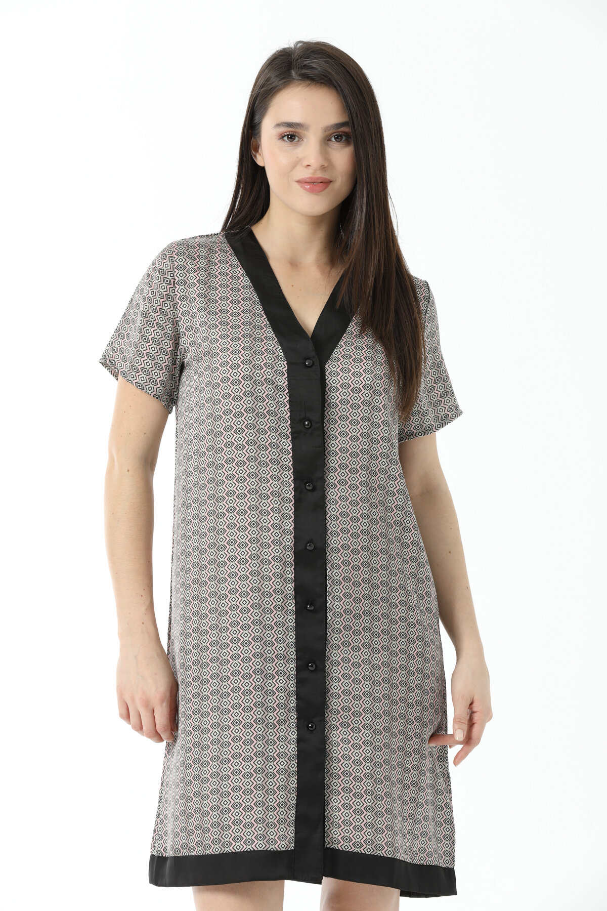 Shefame V Yaka Kısa Kollu Şifon Saten Gecelik 241SV14890