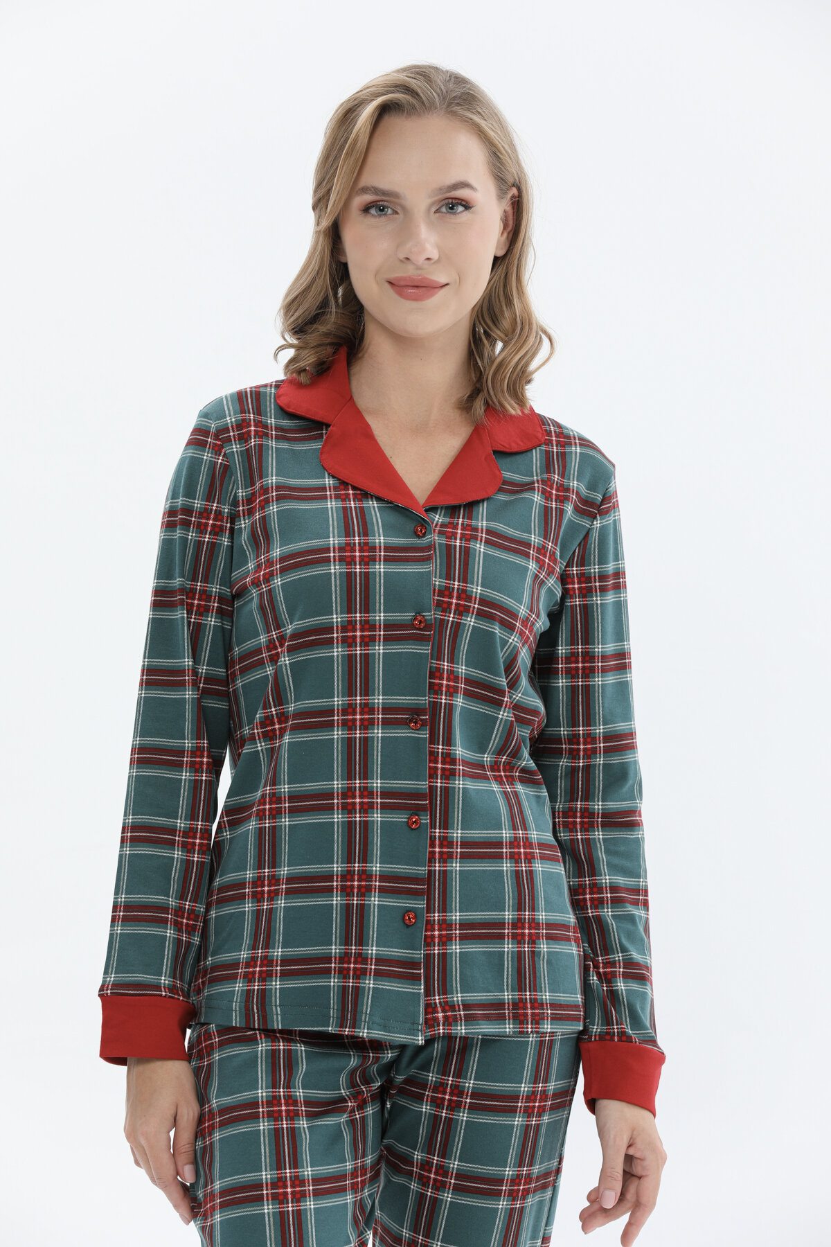 Shefame Kadın Gömlek Yaka Yılbaşı Temalı Ekoseli Pijama Takımı 242SV16113