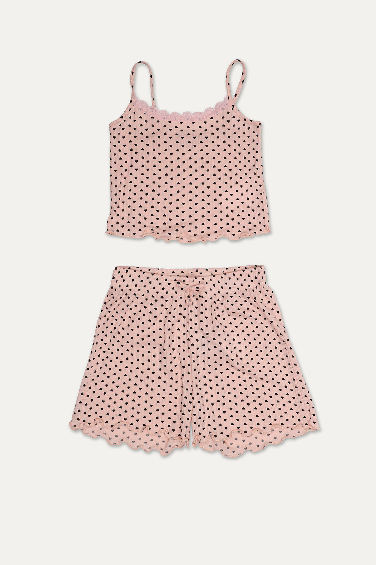 Funfair Kız Çocuk Minik Kalp Desenli Oval Yaka İnce AskılFunfair Kız Çocuk Minik Kalp Desenli Oval Yaka İnce Askılı Lyocell Şort Takımı 251KC06SV