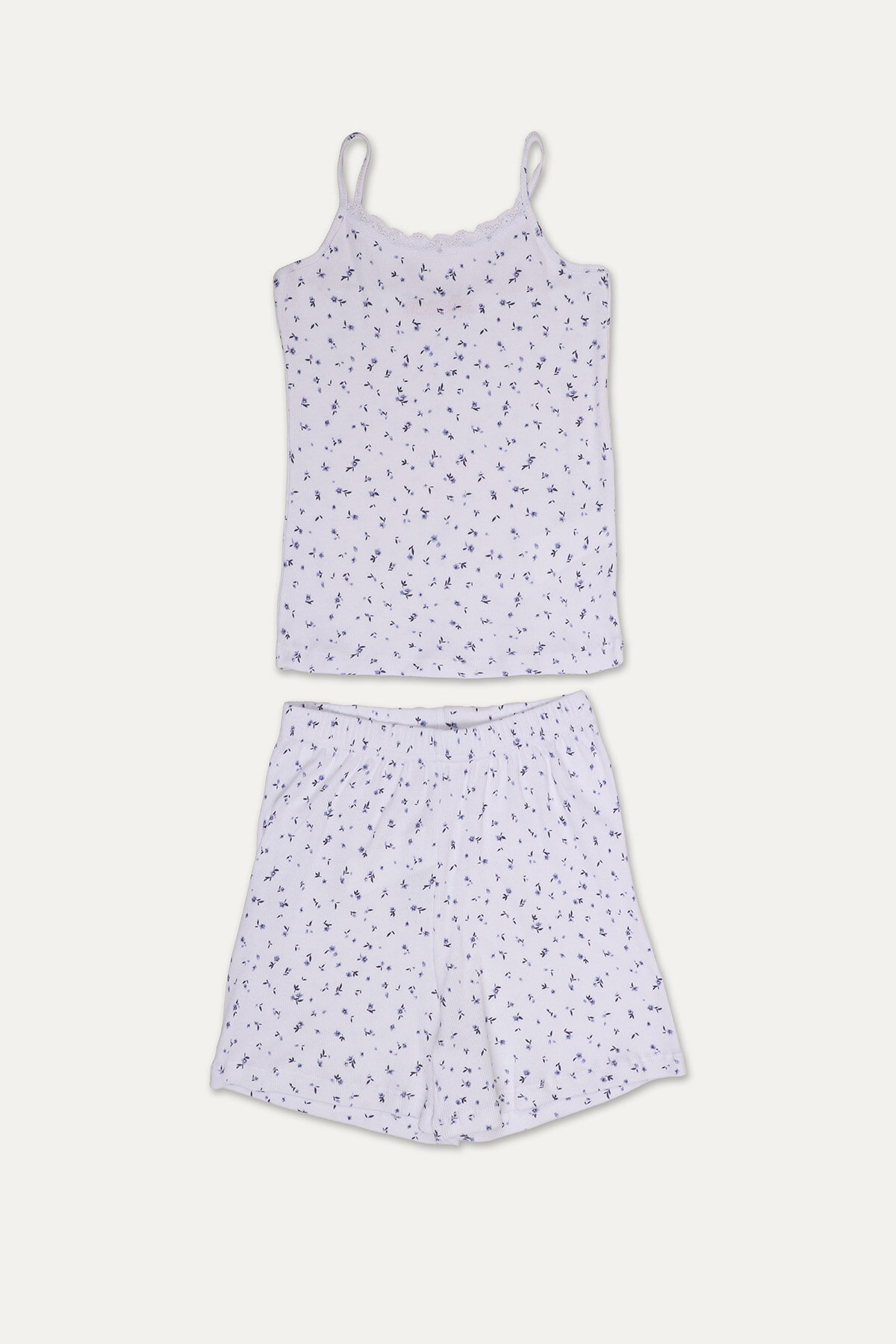 Funfair Kız Çocuk Mavi Çiçek Desenli Oval Yaka İnce Askılı Şort Takımı 251KC07SV