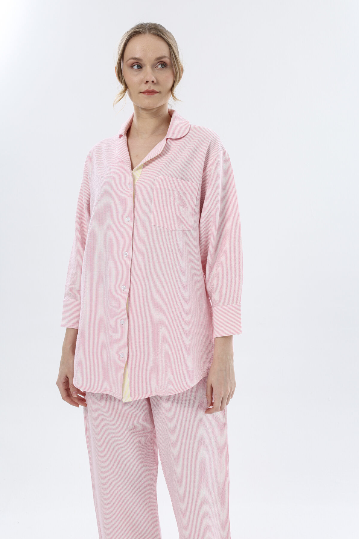 Shefame Kadın Renk Bloklu Bebe Yaka Düğmeli Uzun Kollu Gömlek 251K64SV