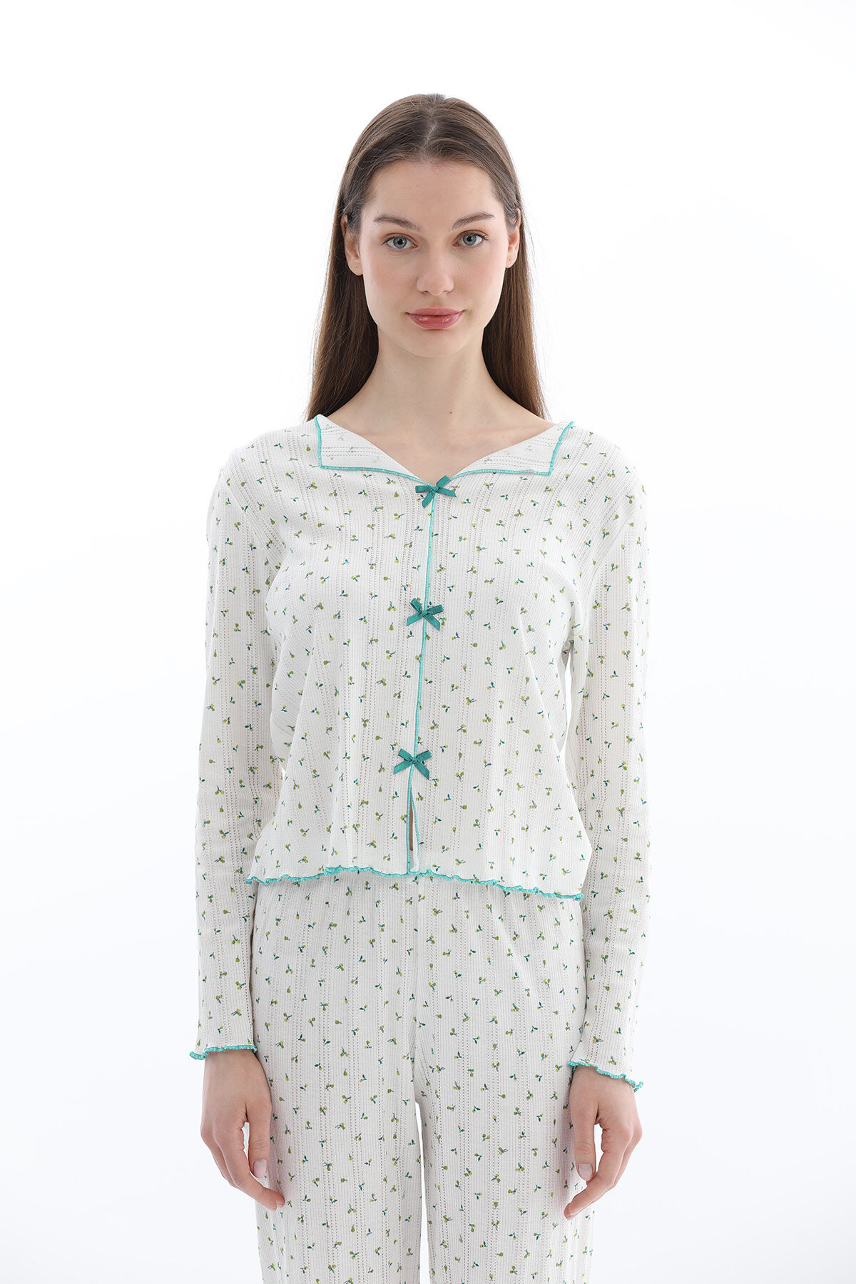 Shefame Kadın Transferli Ribana Uzun Kollu Pijama Takım 261K7106PI