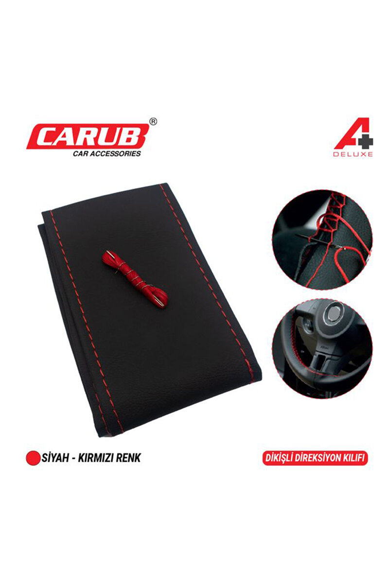 Carub Direksiyon Kılıfı İğneli Delüks Siyah-Kırmızı Dikişli