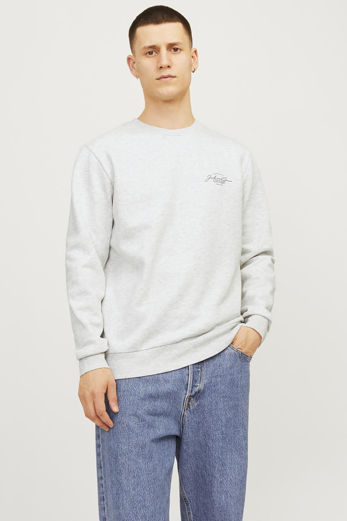 Jack&Jones Erkek Sweatshirt 12256837 WHITE MELANGE