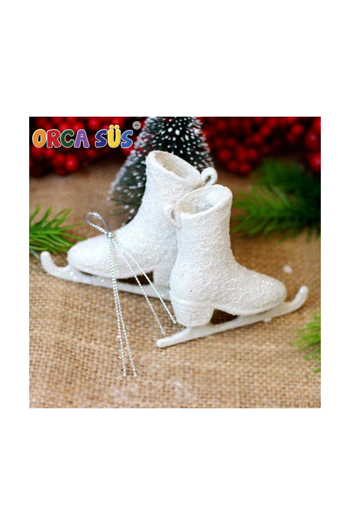 Yılbaşı Ağaç Süs Buz Paten 2'Li 8x7cm Beyaz Simli