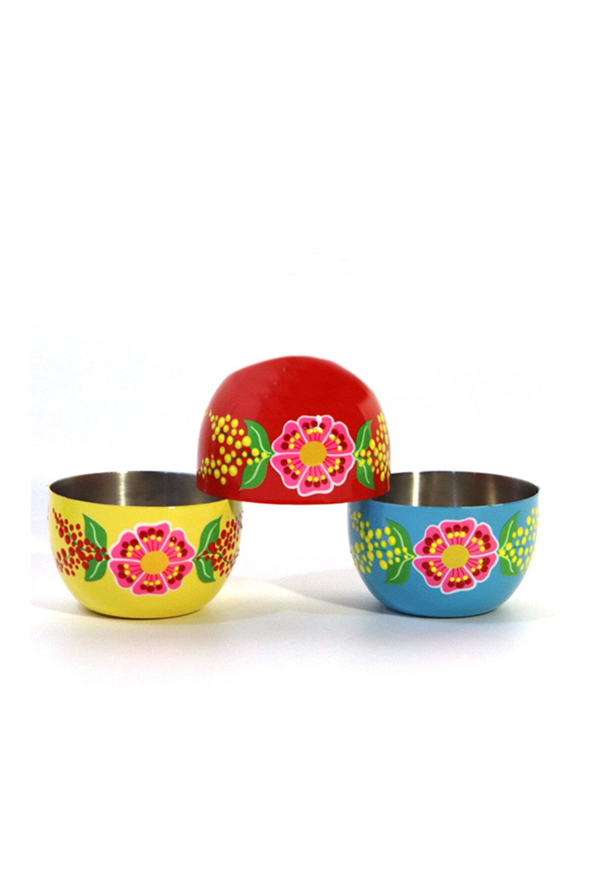 Dedemin Emayeleri Paslanmaz Çelik 3'lü Çerezlik Seti 9 cm Çiçek Desenli