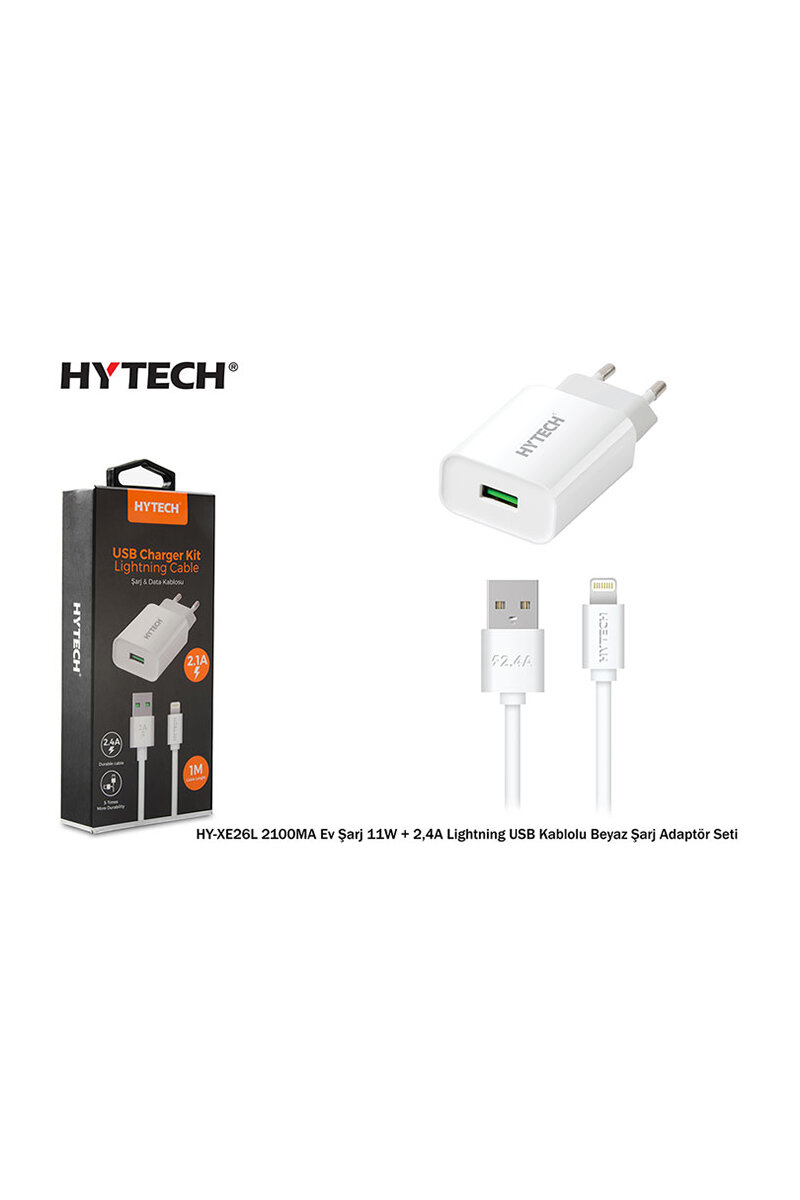 Hytech HY-XE26L Lightning USB Kablolu 2100MA Ev Şarj 11W + 2,4A Beyaz Şarj Adaptör Seti