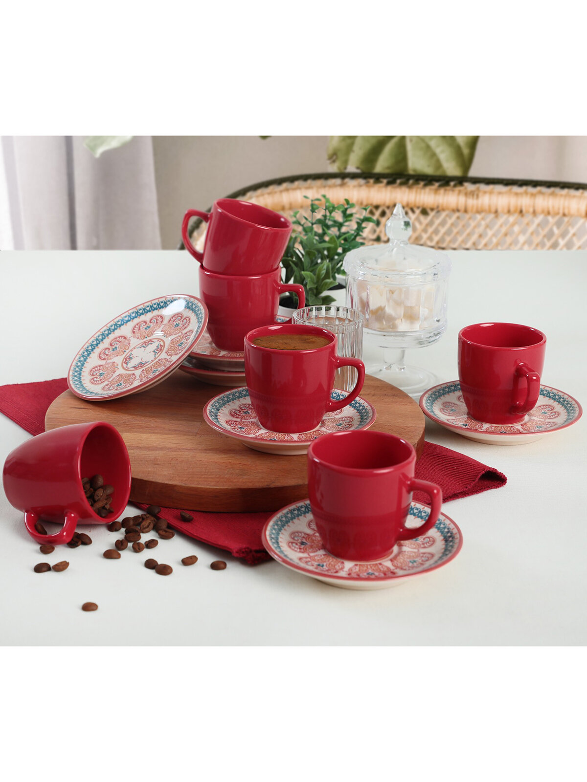 Keramika Kahve Takımı Kırmızı 12 Parça