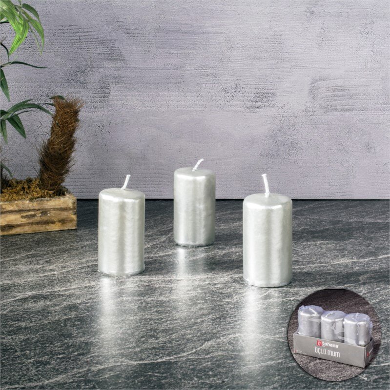 Tohana Silindir Mum 3'lü 7,5 cm Gümüş