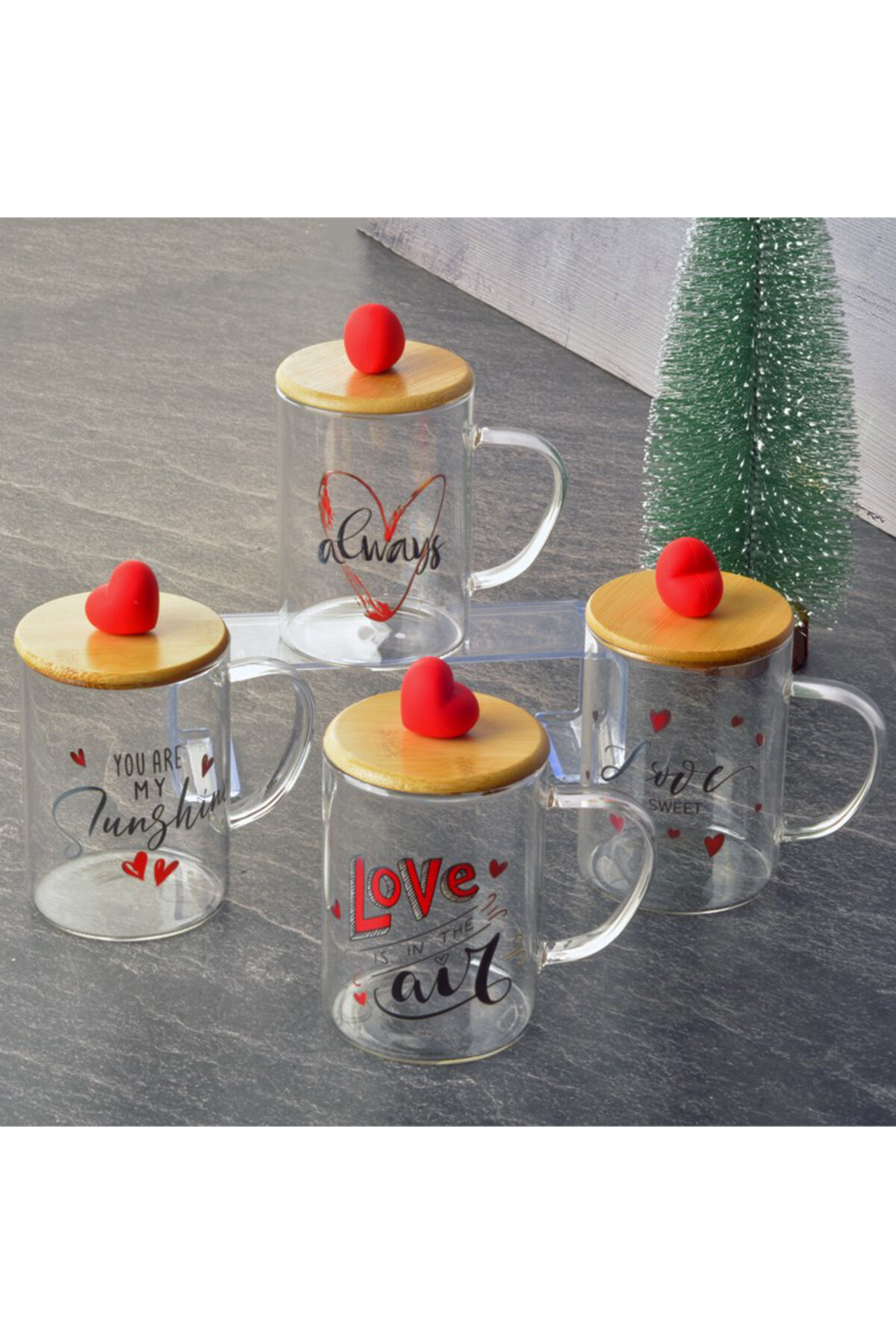 Tohana Bambu Kapaklı Cam Kupa Kalpli 400 cc