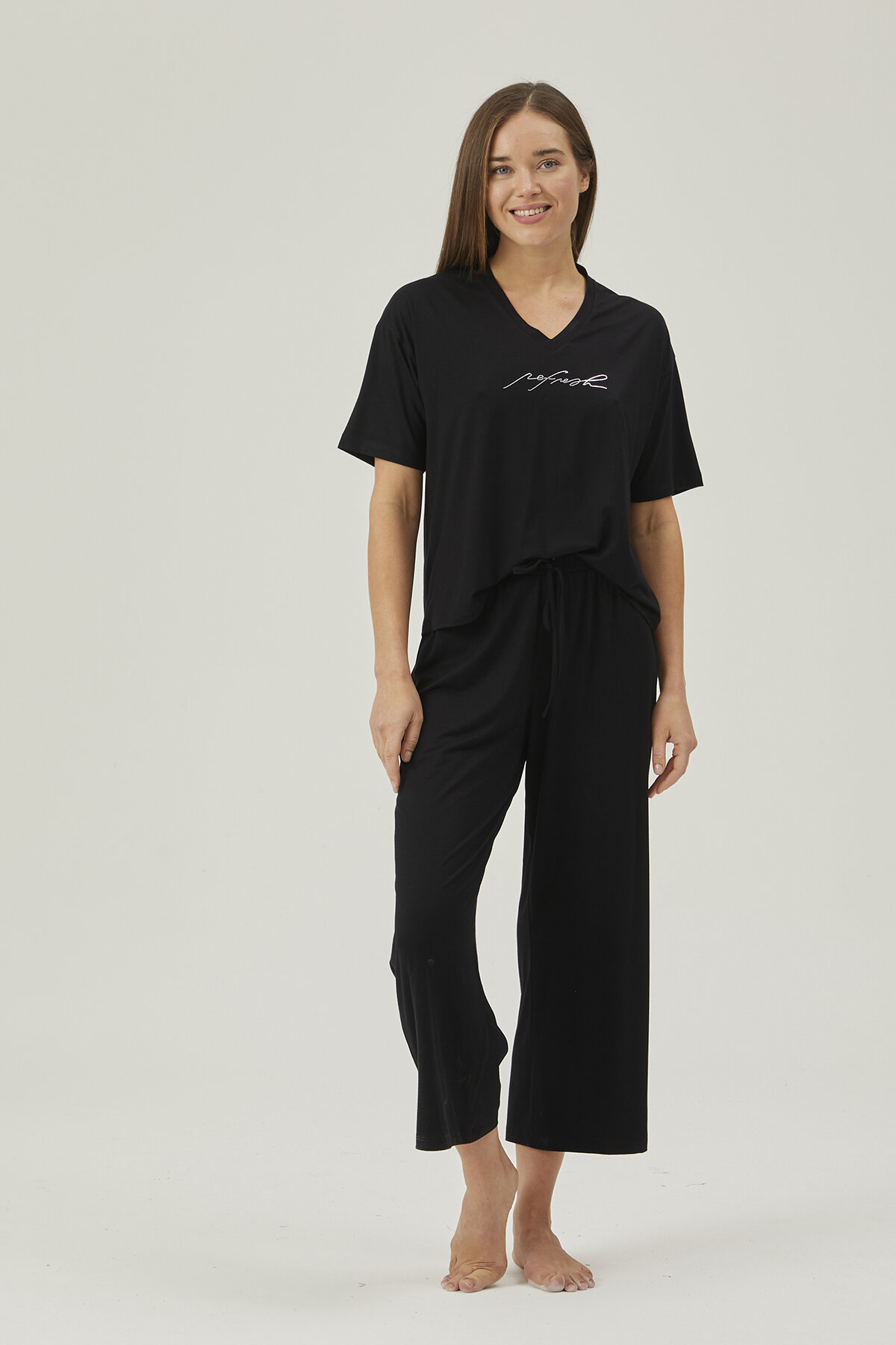 Pamuk&Pamuk Kadın V Yaka Bol Paça Pantolonlu Pijama Takımı W24565SYH