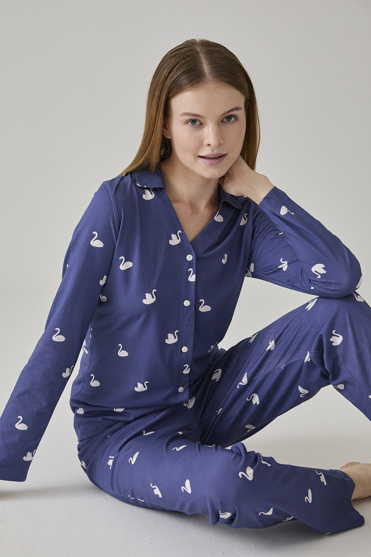 Pamuk&Pamuk Kadın Kuğu Desenli Yakalı Pijama Takımı W25018.MOR