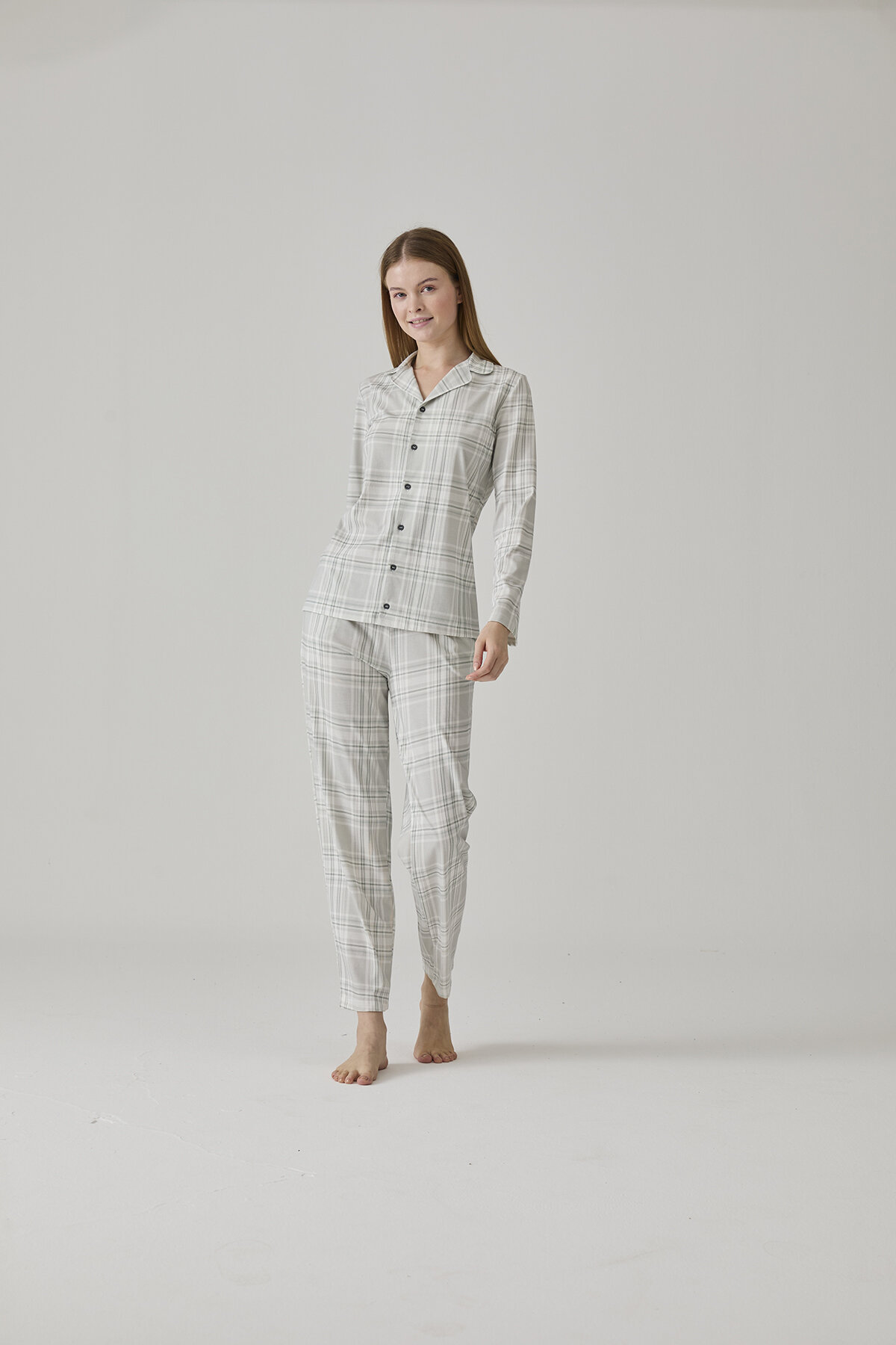 Pamuk&Pamuk Kadın Ekose Desenli Yakalı Pijama Takımı W25029.GRI