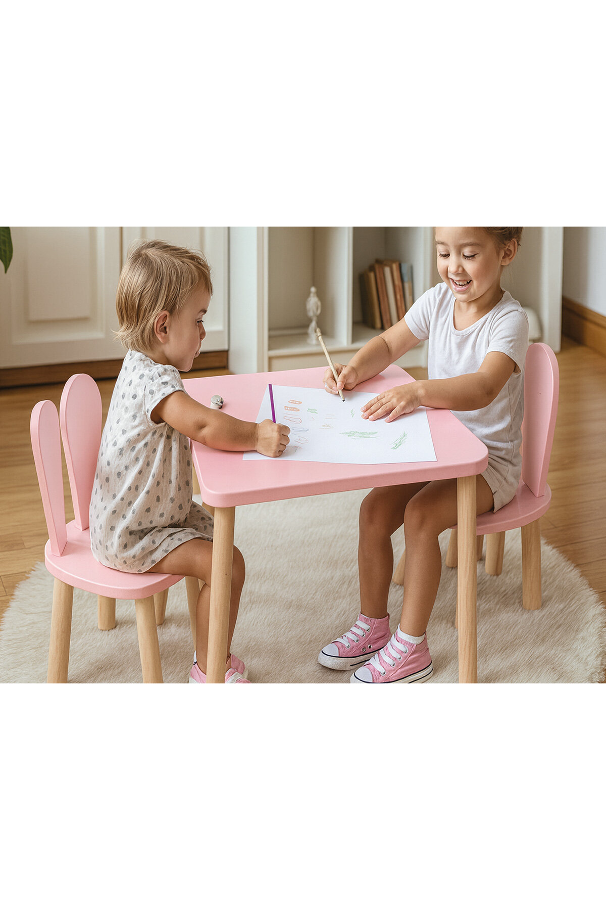 Bee Smart Naturel Pembe 2 Sandalyeli Masa Set