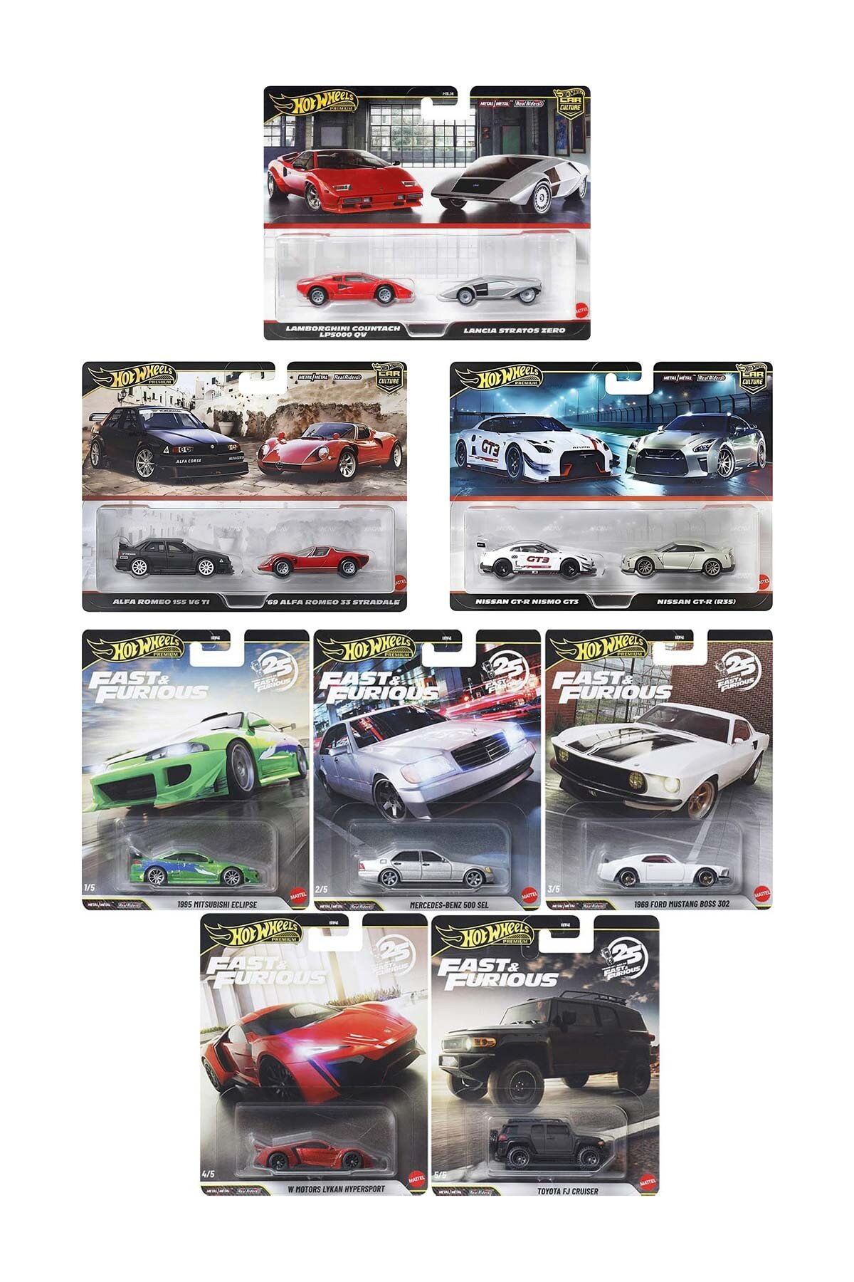 Hot Wheels Premium HNW46 5'li Set+HBL96 3x2'li Set