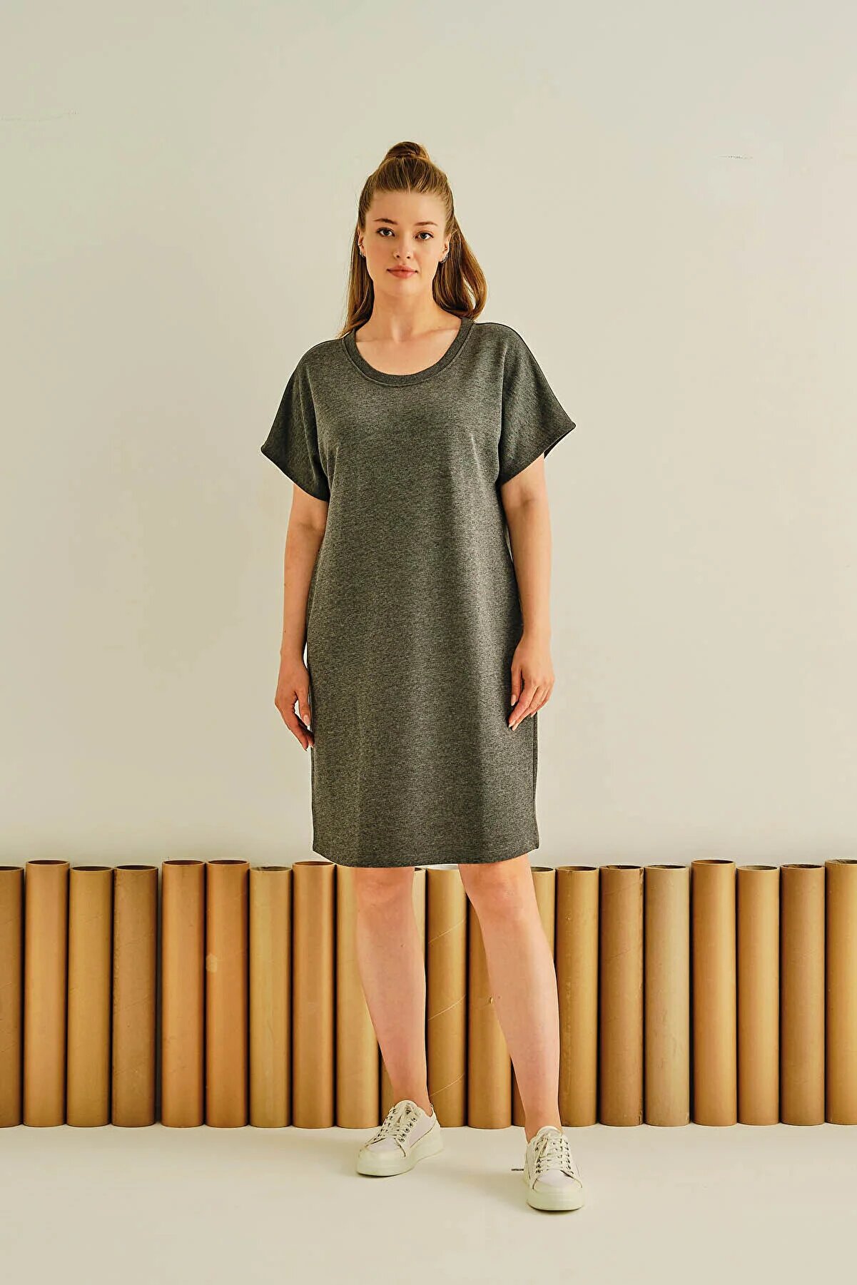 Hays Kadın Büyük Beden Pamuklu Üç İplik Kısa Kollu Elbise 36493ANT