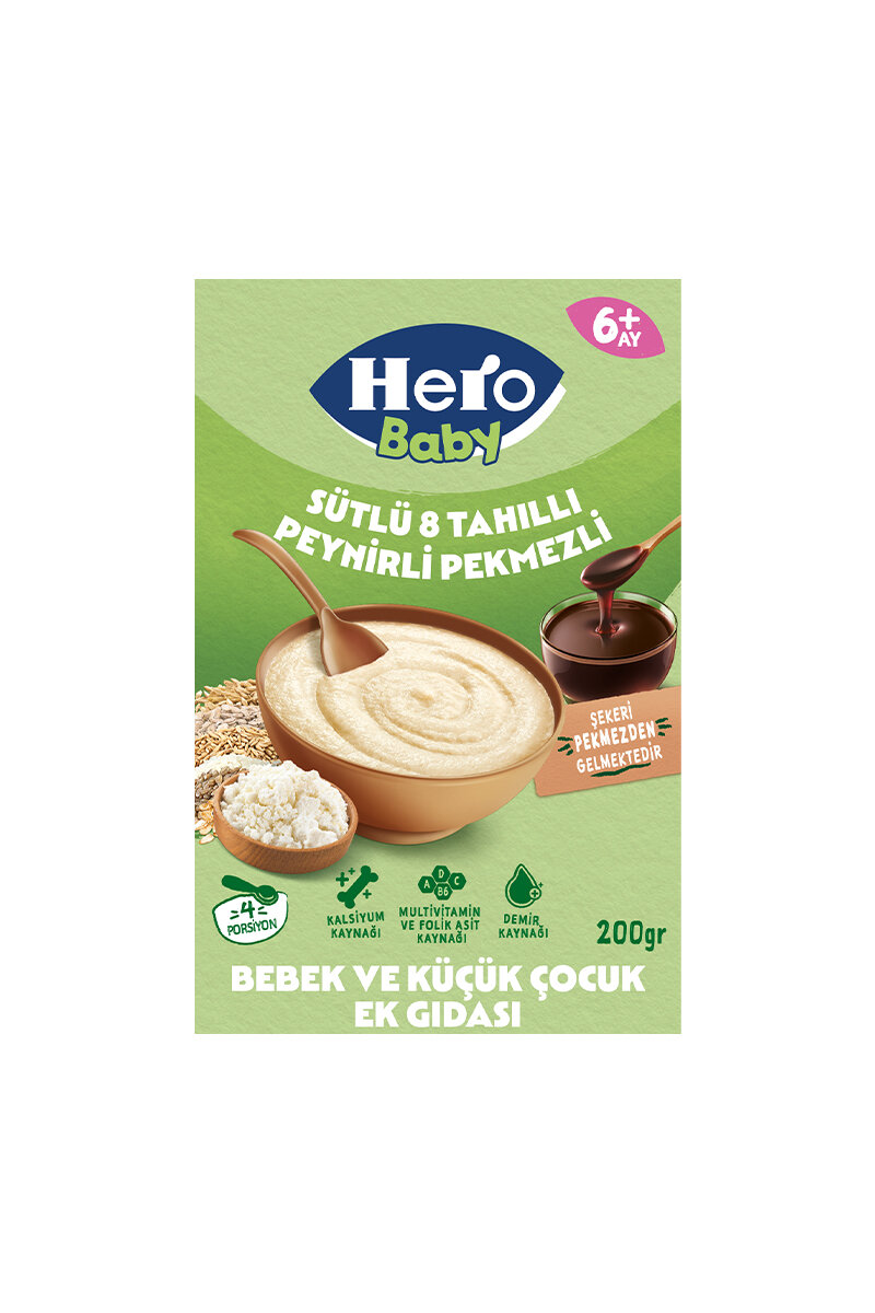 Hero Baby Sütlü 8 Tahıllı Peynirli Pekmezli Kaşık Maması 200 g Mama