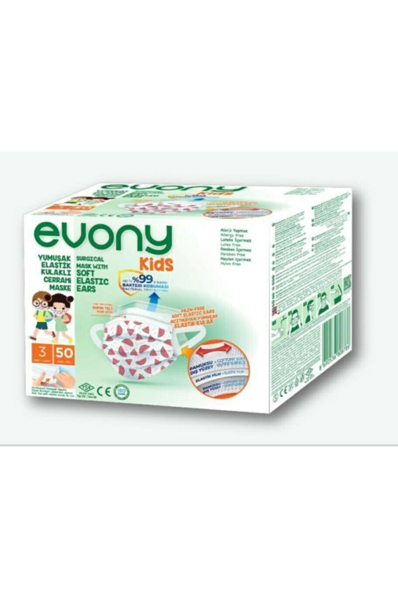 Evony Medikal Maske 3 Katlı Telli Full Ultrasonik 50'li Çocuk