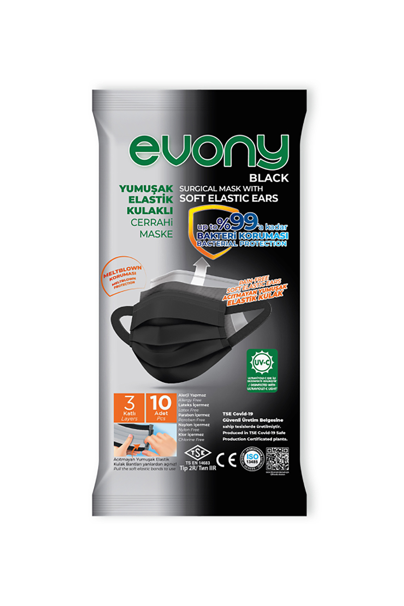 Evony Medikal Maske 3 Katlı Telli Full Ultrasonik 10'lu Siyah