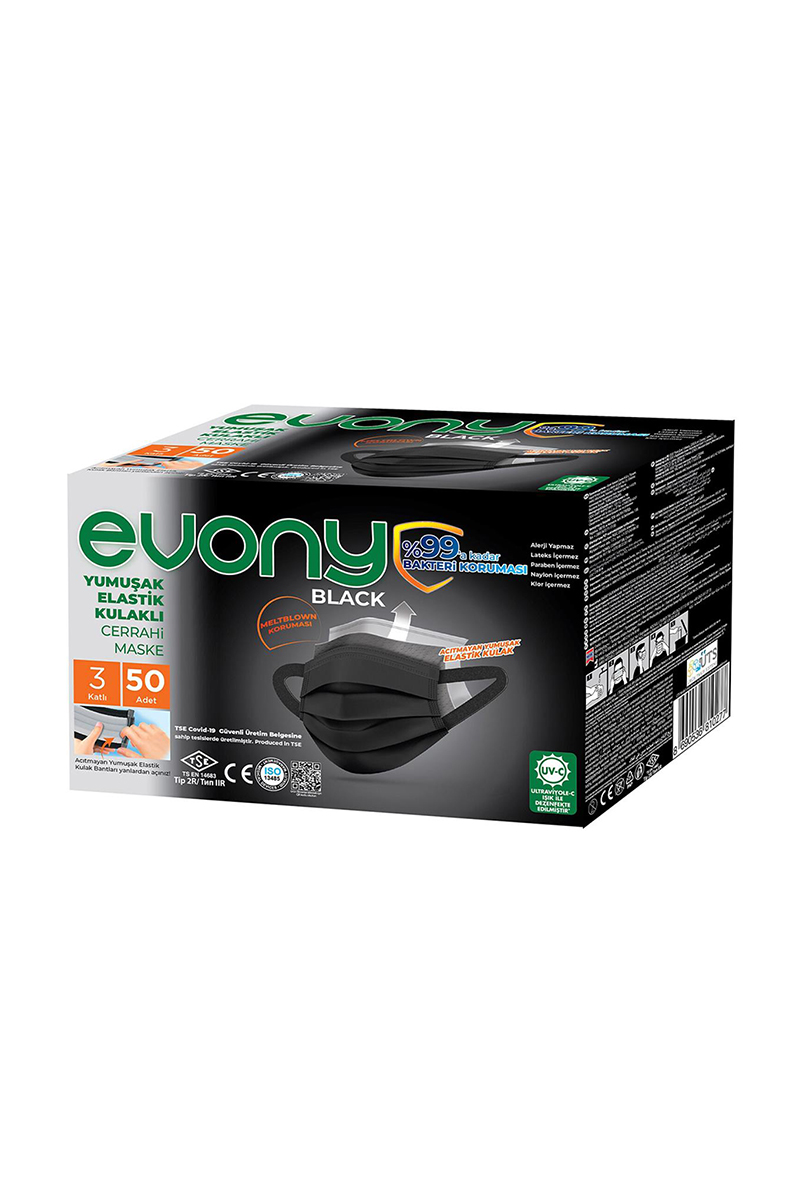 Evony Medikal Maske 3 Katlı Telli Full Ultrasonik 50'li Siyah