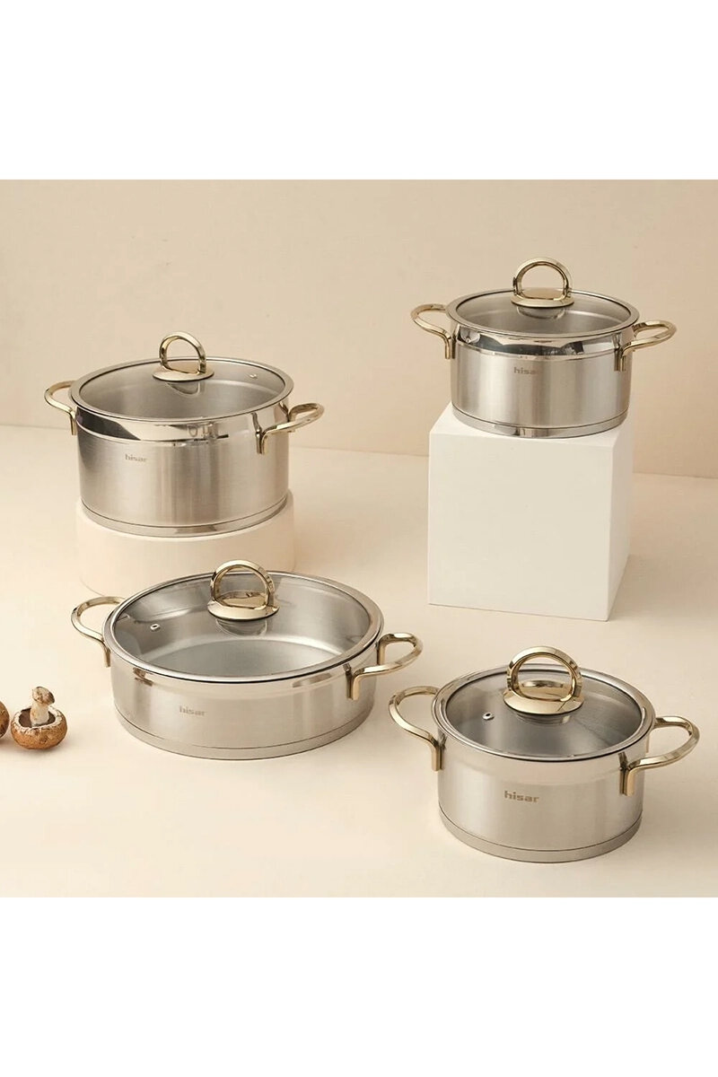 Hisar Orion Tencere Seti 8 Parça Metal Kulp Gold