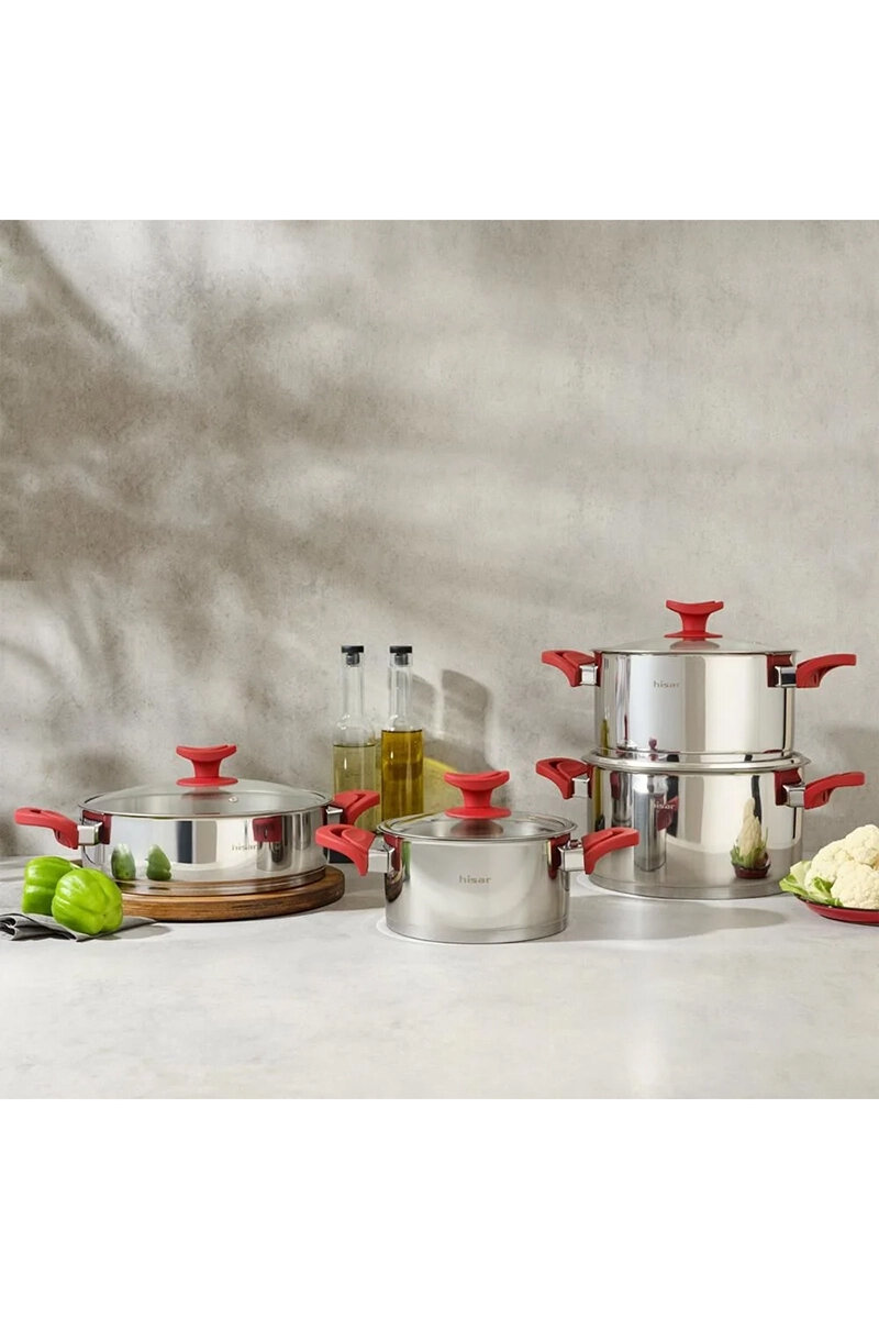Hisar Vega Soft Touch Kırmızı 8 Parça Tencere Seti