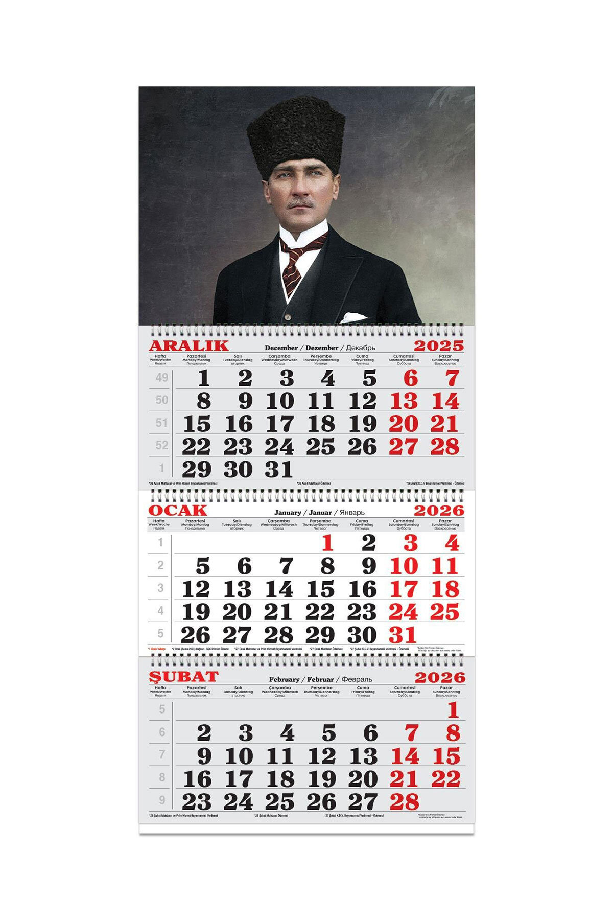 Keskin 2026-3 Aylık Spiralli Jumbo Denizci Takvim-Atatürk 1