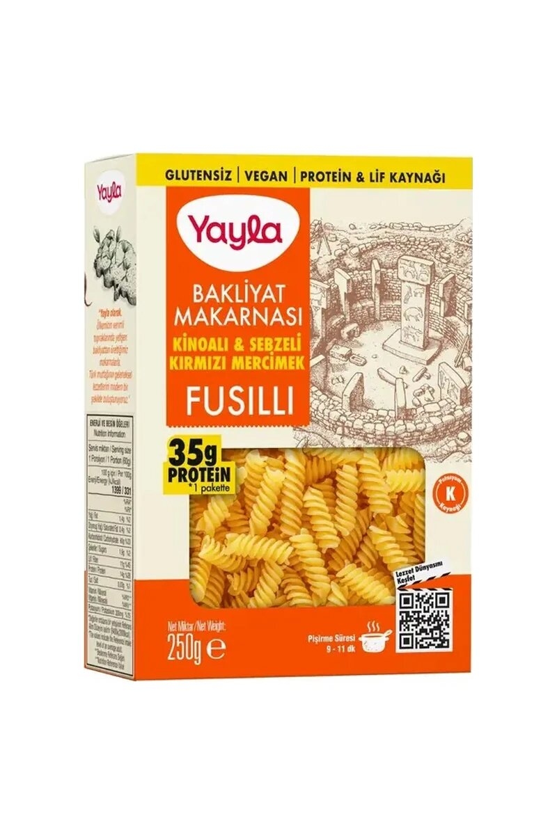 Yayla Kinoalı ve Sebzeli Kırmızı Mercimek Fusilli Bakliyat Makarnası 250 g