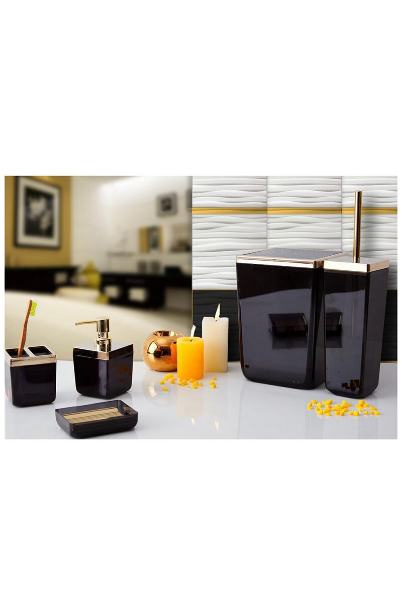 Prima Nova Toskana Banyo Seti Siyah/Altın Çerçeveli 5 Parça