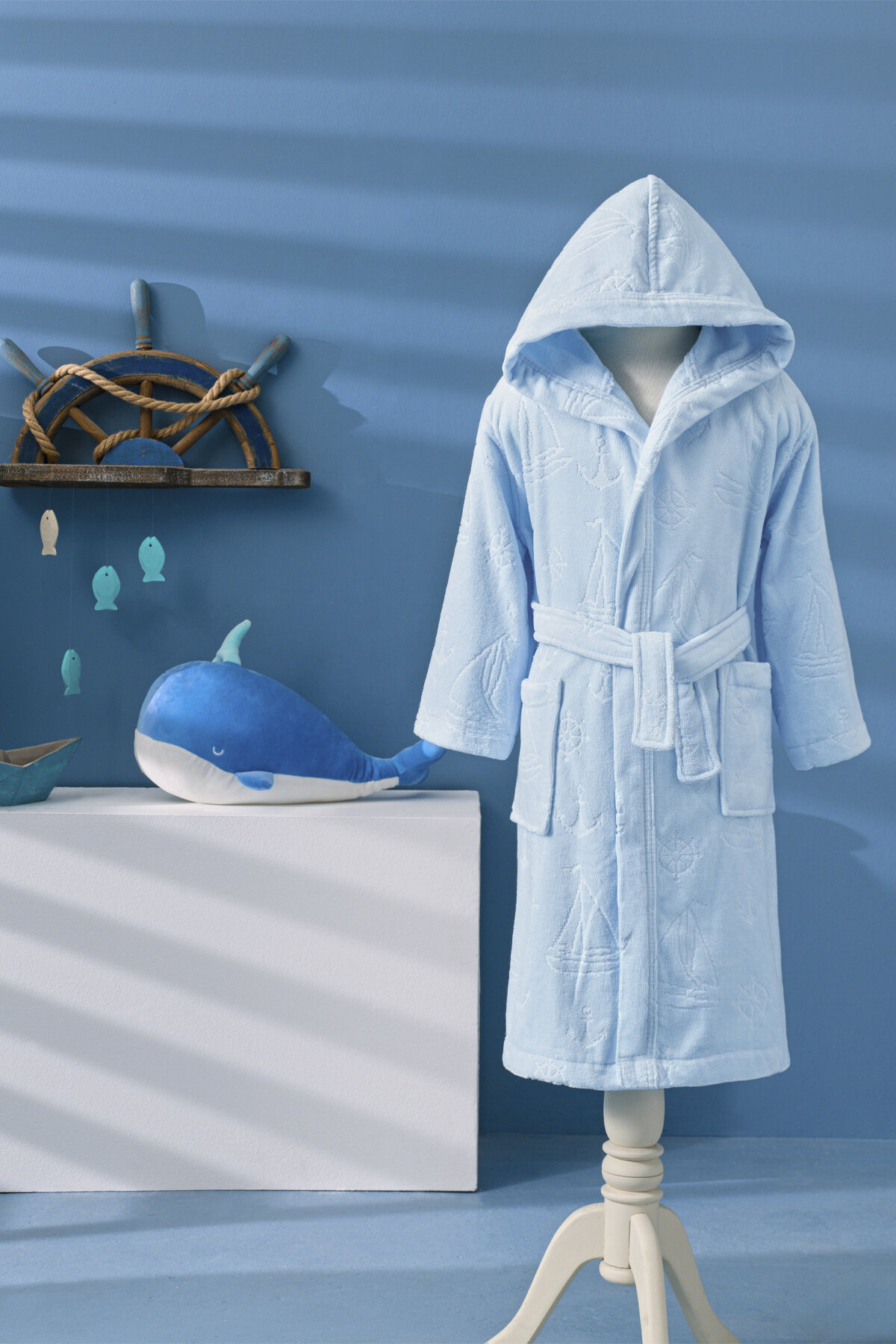 Özdilek Boy Marine Kapüşonlu Kadife Çocuk Bornozu 3/4 Yaş