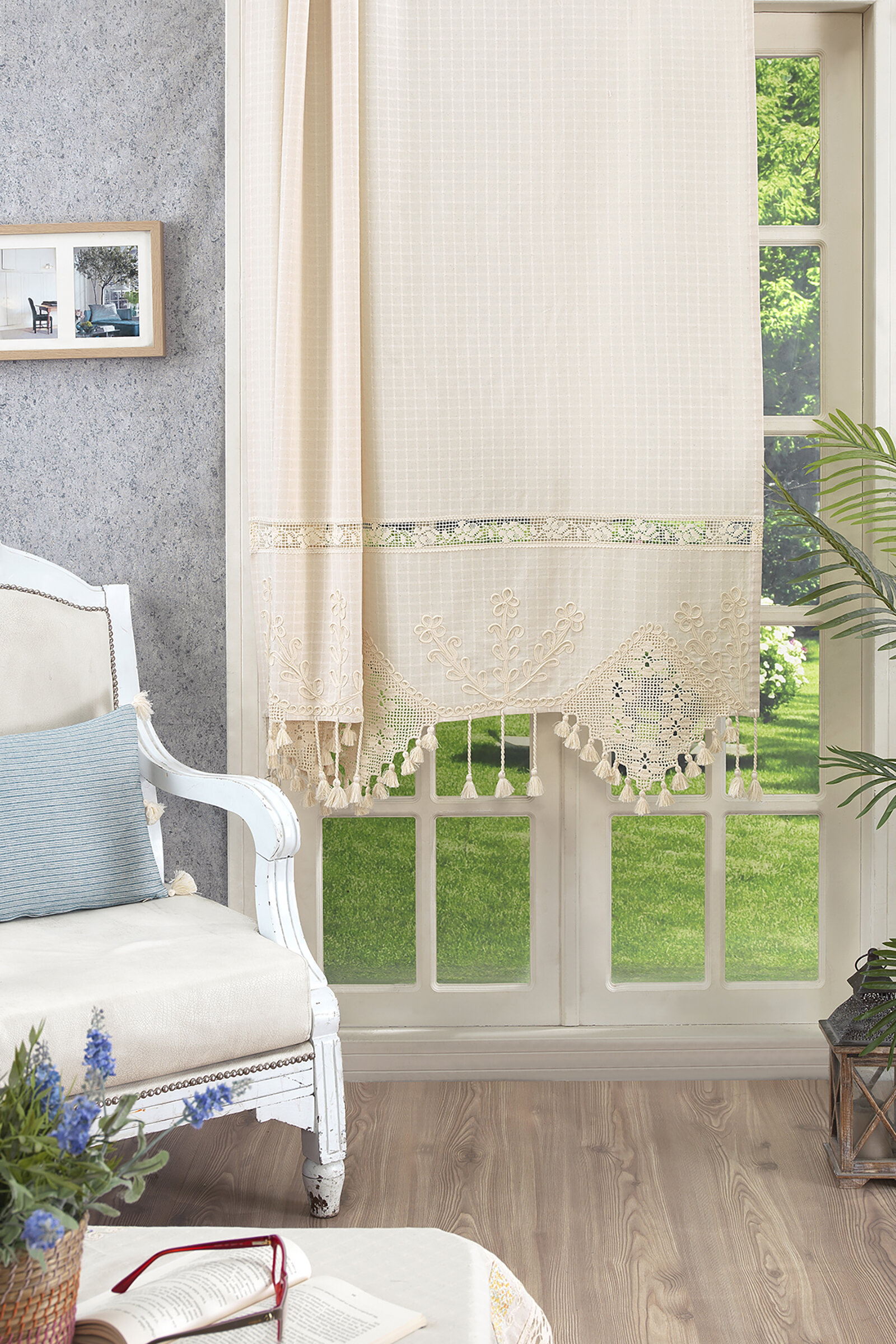 Floretta Lase İşlemeli Elişi Dantelli Keten Perde PR006 150x180 cm