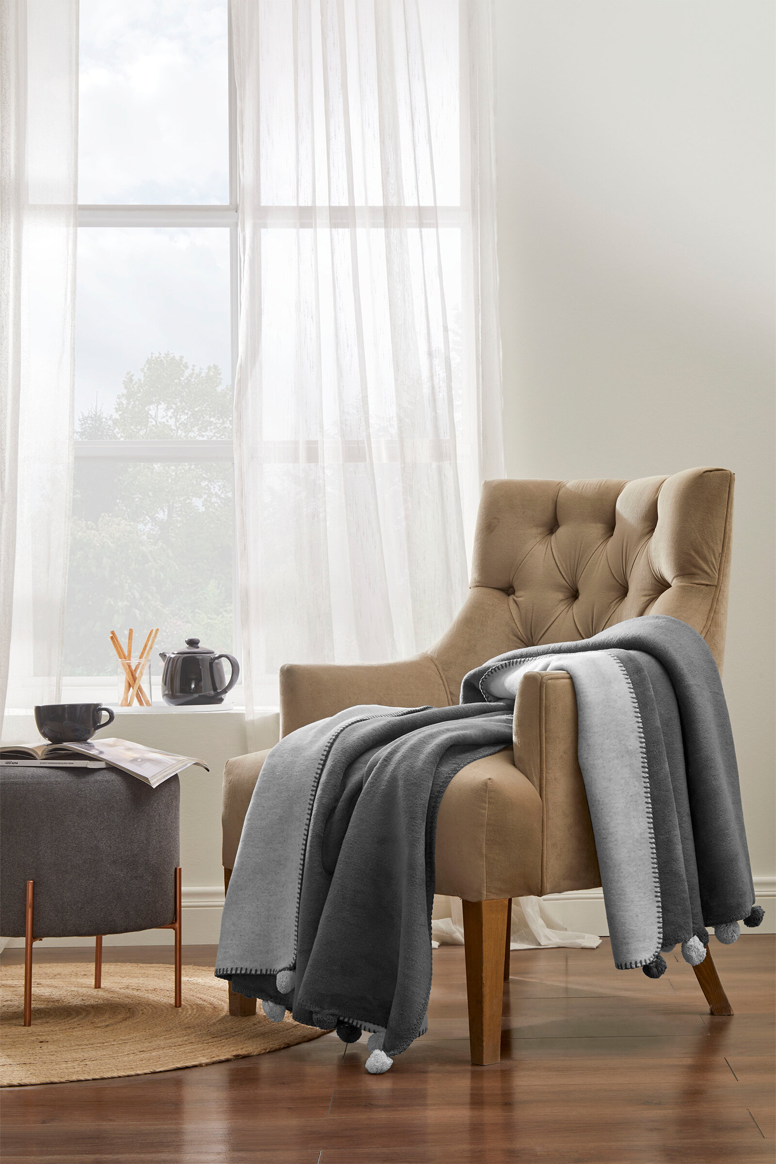 Özdilek Colourist Ponponlu Çift Kişilik Çift Taraflı Pamuklu Battaniye 180x220 cm