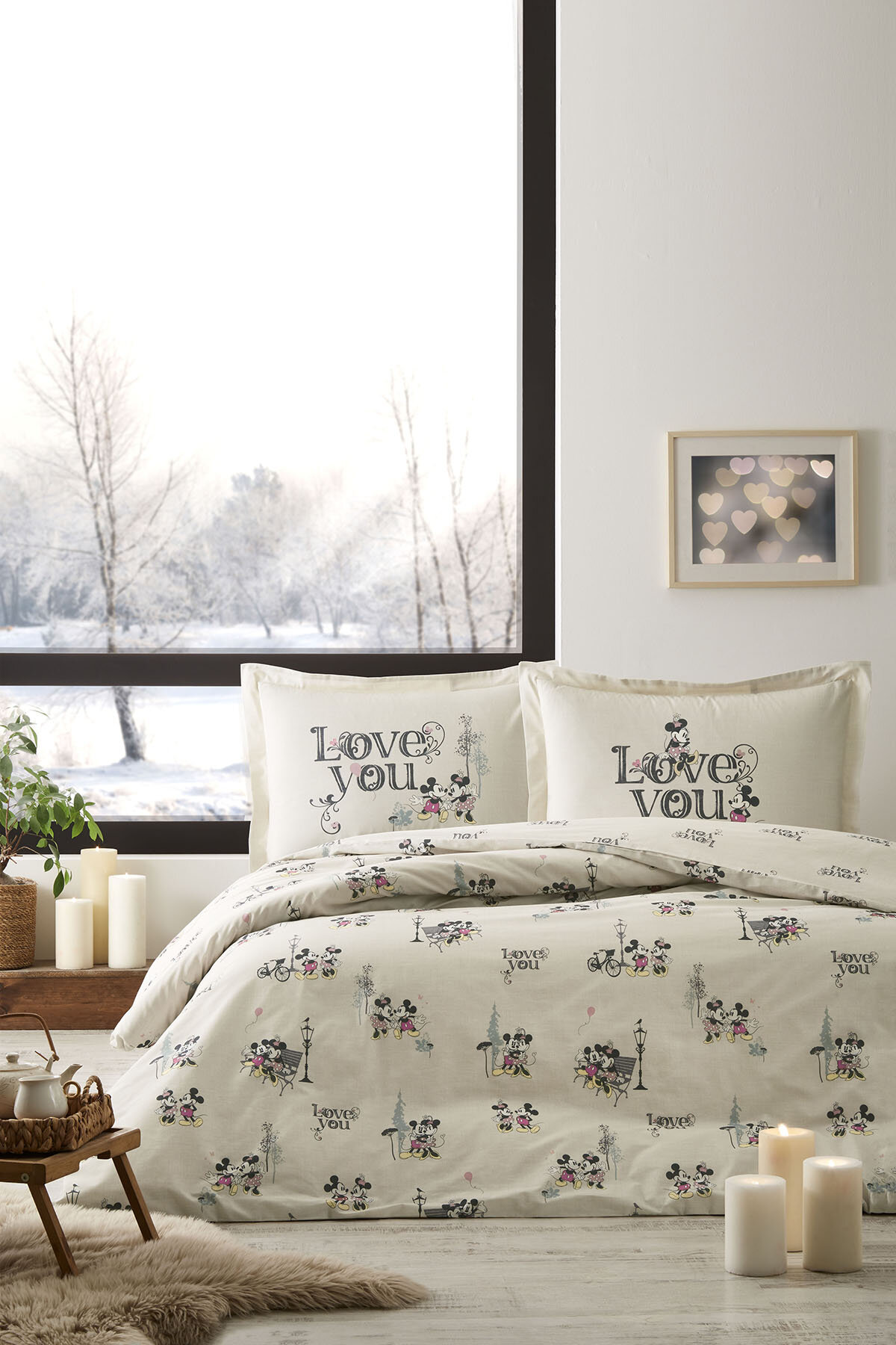 Özdilek Mickey & Minnie Mouse Love You Çift Kişilik Disney Lisanslı Lastikli Çarşaf Nevresim Takımı