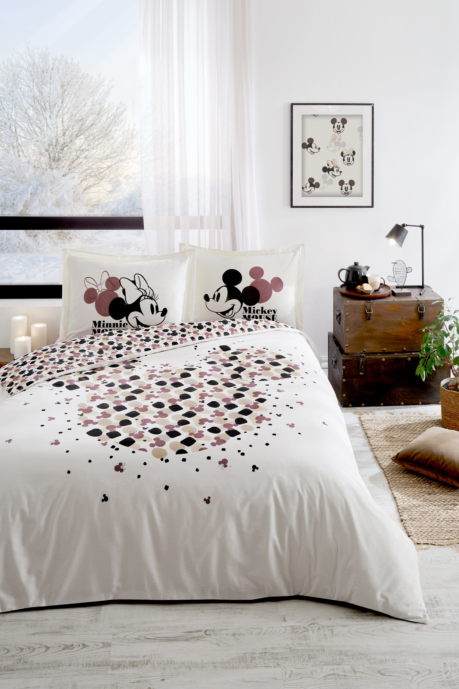 Özdilek Mickey & Minnie Mouse Love Çift Kişilik Disney Lisanslı Lastikli Çarşaf Nevresim Takımı