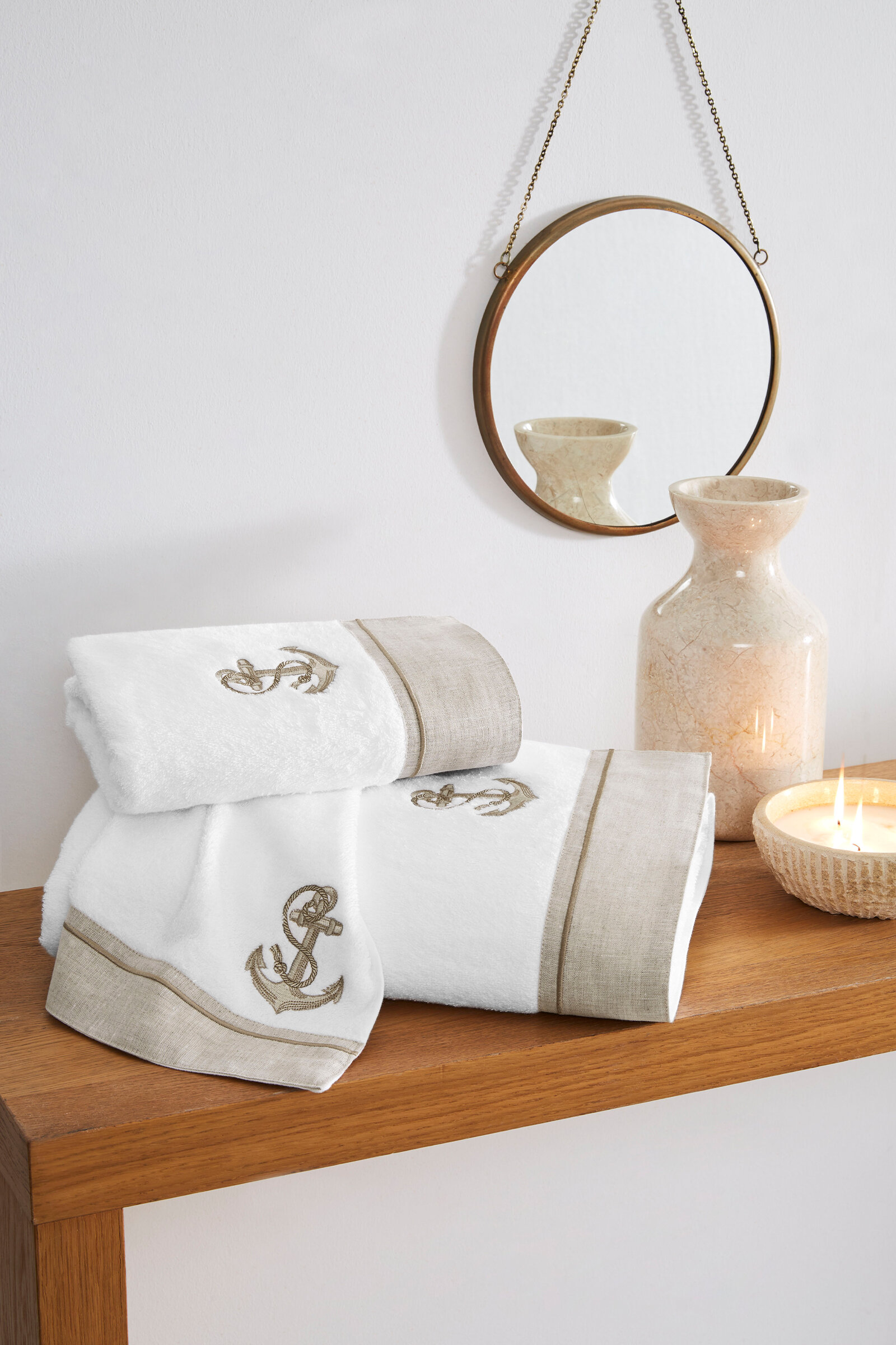 Cottons & Clouds Anchor Keten Nakışlı Banyo Havlusu 100 x 150 cm