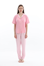Shefame Kadın Çizgili Önden Düğmeli Kısa Kollu Pijama Takımı 261K7093PI