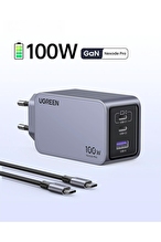 UGREEN Nexode Pro 100W GaN Hızlı Şarj Cihazı Type-C QC PD 2xUSB-C 1xUSB-A 1.5M 100W Kablo Dahil Uzay Grisi 25874