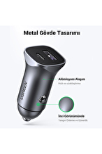 UGREEN PD 30W QC PD Alüminyum Araç Çakmaklık Şarj Cihazı 1xUSB-C 1xUSB-A Gri 40858
