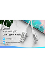 UGREEN USB-C to USB-A 3A QC Örgülü Hızlı Şarj Kablosu 2 Metre Gümüş Beyazı 60133