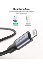 UGREEN Type-C to Lightning 3A PD MFi Sertifikalı Örgülü Hızlı Şarj Kablosu 1 Metre Siyah 60759
