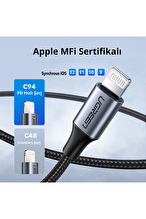 UGREEN Type-C to Lightning 3A PD MFi Sertifikalı Örgülü Hızlı Şarj Kablosu 1 Metre Gümüş 70523