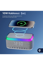 Mikado MD-W10 1200mAh 10W Gri BT, USB, Kablosuz Şarjlı RGB-Gece Lambası Özellikli Alarmlı Saat Speaker