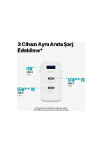 ttec 2SCG03B ttec SmartCharger Trio GAN 65W PD Seyahat Hızlı Şarj Aleti 2 USB-C+USB-A-Beyaz