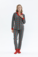 Shefame Kadın Gömlek Yaka Yılbaşı Temalı Ekoseli Pijama Takımı 242SV16113