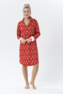 Shefame Kadın Gömlek Yaka Yılbaşı Desenli Çam Ağacı Desenli Gecelik 242SV15964