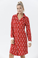 Shefame Kadın Gömlek Yaka Yılbaşı Desenli Çam Ağacı Desenli Gecelik 242SV15964