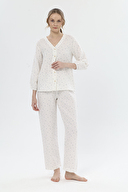 Shefame Kadın Yaprak Desenli V Yaka Düğmeli Uzun Kollu Müslin Pijama Takımı 251K44SV