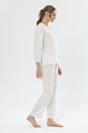 Shefame Kadın Yaprak Desenli V Yaka Düğmeli Uzun Kollu Müslin Pijama Takımı 251K44SV