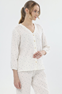 Shefame Kadın Yaprak Desenli V Yaka Düğmeli Uzun Kollu Müslin Pijama Takımı 251K44SV