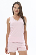 Shefame Kadın Puantiye Desenli V Yaka Dantel Detaylı Kolsuz Şort Takımı 251K04MB